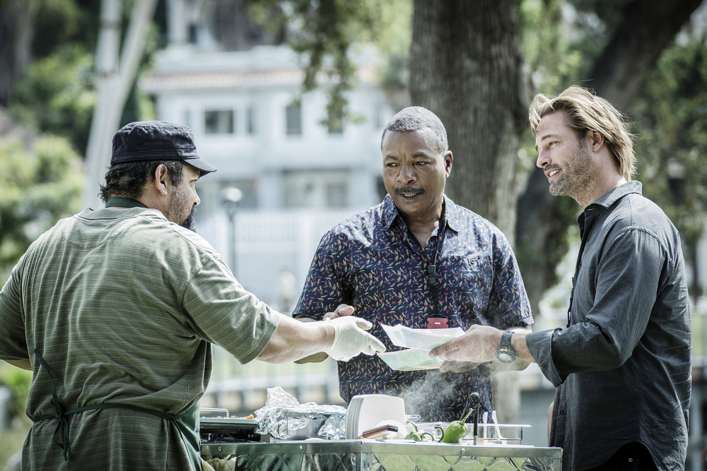 COLONY -- "In From the Cold" Episode 108 -- Pictured: (l-r) Carl Weathers as Beau, Josh Holloway as Will Bowman -- (Photo by: Isabella Vosmikova/USA Network)