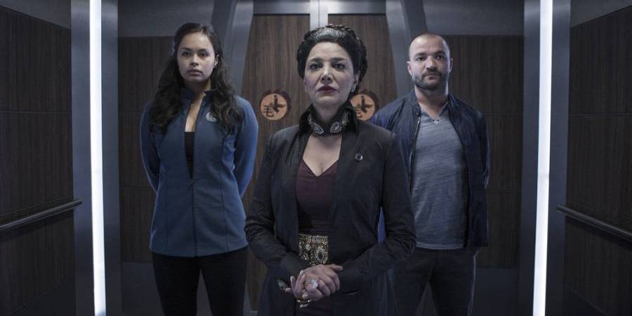 THE EXPANSE -- "The Monster and the Rocket" Episode 212 -- Pictured: (l-r) Frankie Adams as Bobbie Draper, Shohreh Aghdashloo as Chrisjen Avasarala, Nick Tarabay as Cotyar -- (Photo by: Rafy/Syfy)