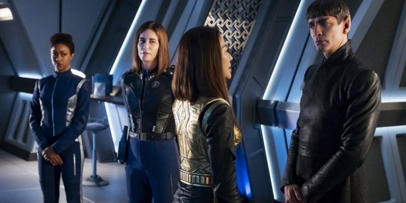 "The War Without, the War Within" -- Episode 114 -- Pictured (l-r): Sonequa Martin-Green as Michael Burnham; Jayne Brook as Admiral Cornwell; Michelle Yeoh as Philippa Georgiou; James Frain as Ambassador Sarek of the CBS All Access series STAR TREK: DISCOVERY. Photo Cr: Jan Thijs/CBS