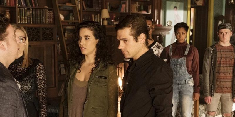 THE MAGICIANS -- "All That Josh" Episode 309 -- Pictured: (l-r) Trevor Einhorn as Josh Hoberman, Olivia Taylor Dudley as Alice, Jade Tailor as Kady Orloff-Diaz, Jason Ralph as Quentin Coldwater -- (Photo by: Eric Milner/Syfy)