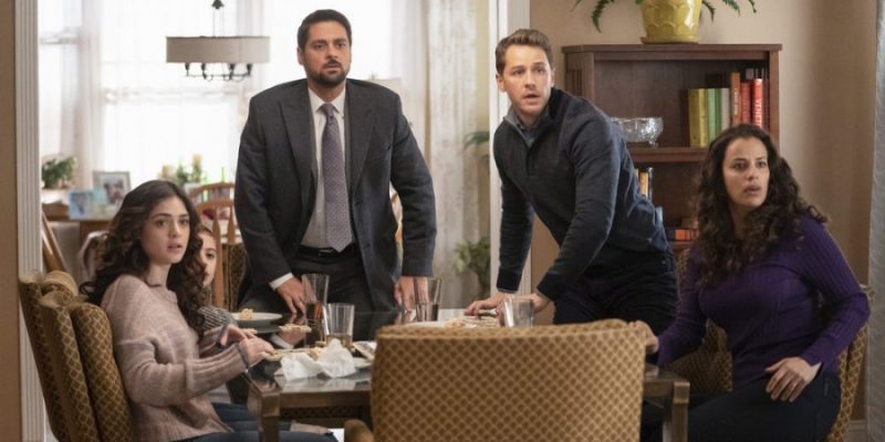 MANIFEST -- "Cleared for Approach" Episode 113 -- Pictured: (l-r) Luna Blaise as Olive Stone, J.R. Ramirez as Det. Jared Vasquez, Josh Dallas as Ben Stone, Athena Karkanis as Grace Stone -- (Photo by: Peter Kramer/NBC/Warner Brothers)