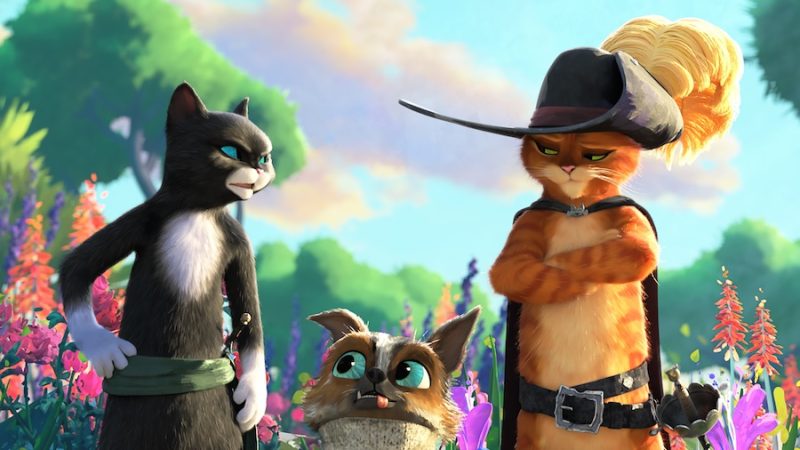 (from left) Kitty Soft Paws (Salma Hayek), Perro (Harvey Guillén) and Puss in Boots (Antonio Banderas) in DreamWorks Animation’s Puss in Boots: The Last Wish, directed by Joel Crawford.